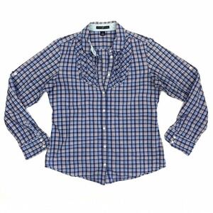 Gap Shirt‎ Womens 10 Pink Blue Plaid Ruffles Roll Tab Sleeves Business Casual